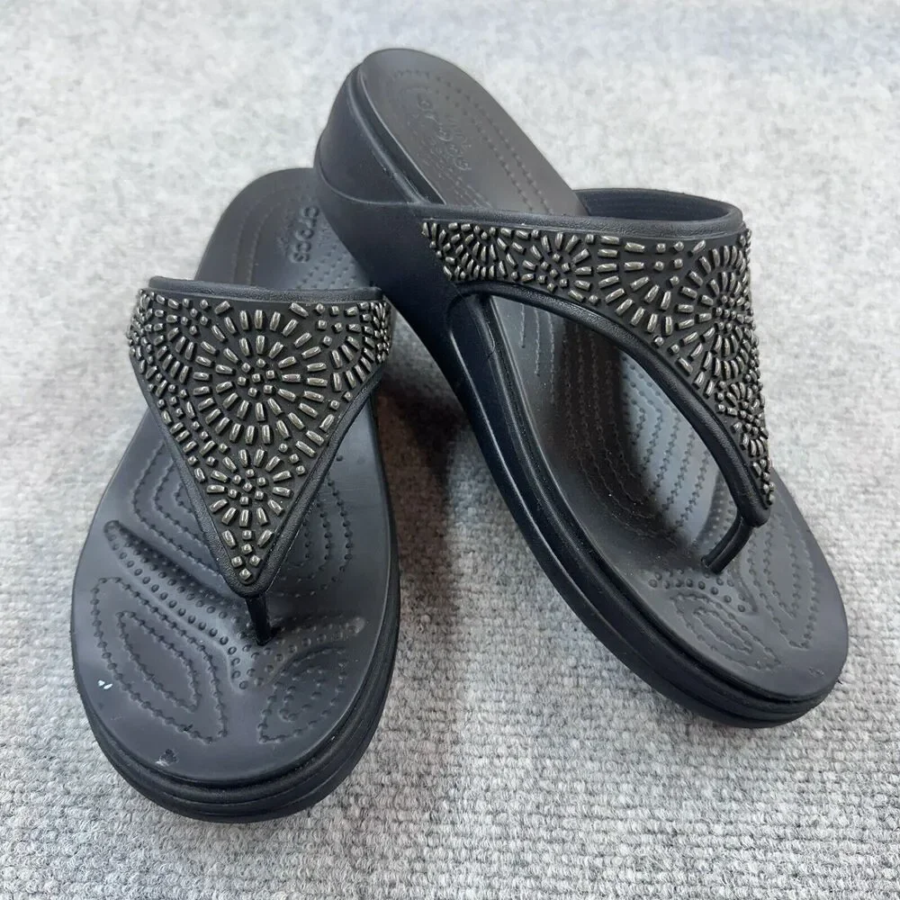 Crocs Women's Black Monterey Diamante Wedge Flip Flop Thong Sandals Size 10
